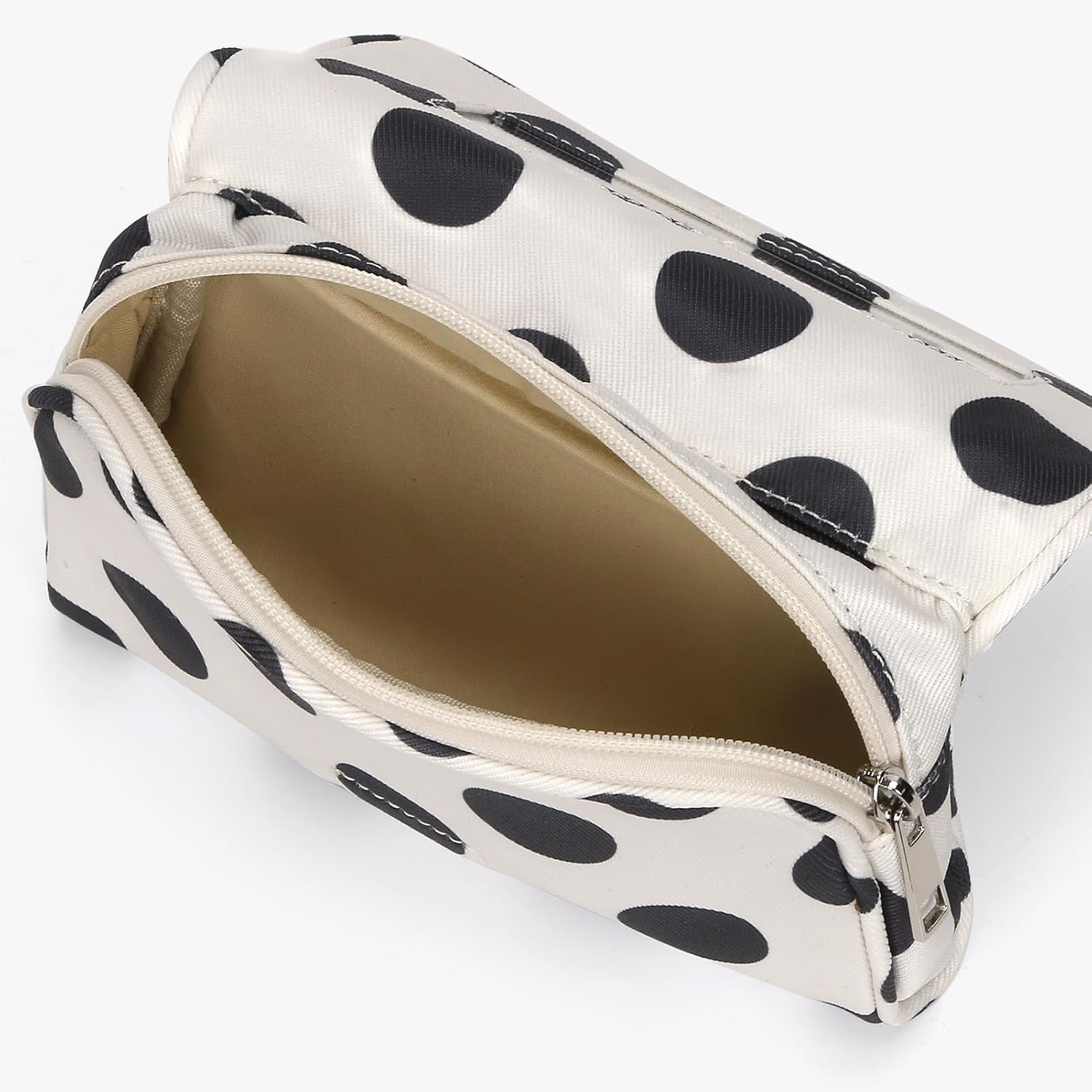 Women’s Cute Nylon Makeup Bag with Built-in Mirror, Protable Lightweight Cosmetic Bag, Trendy Toiletry Bag for Travel (White Polka)
