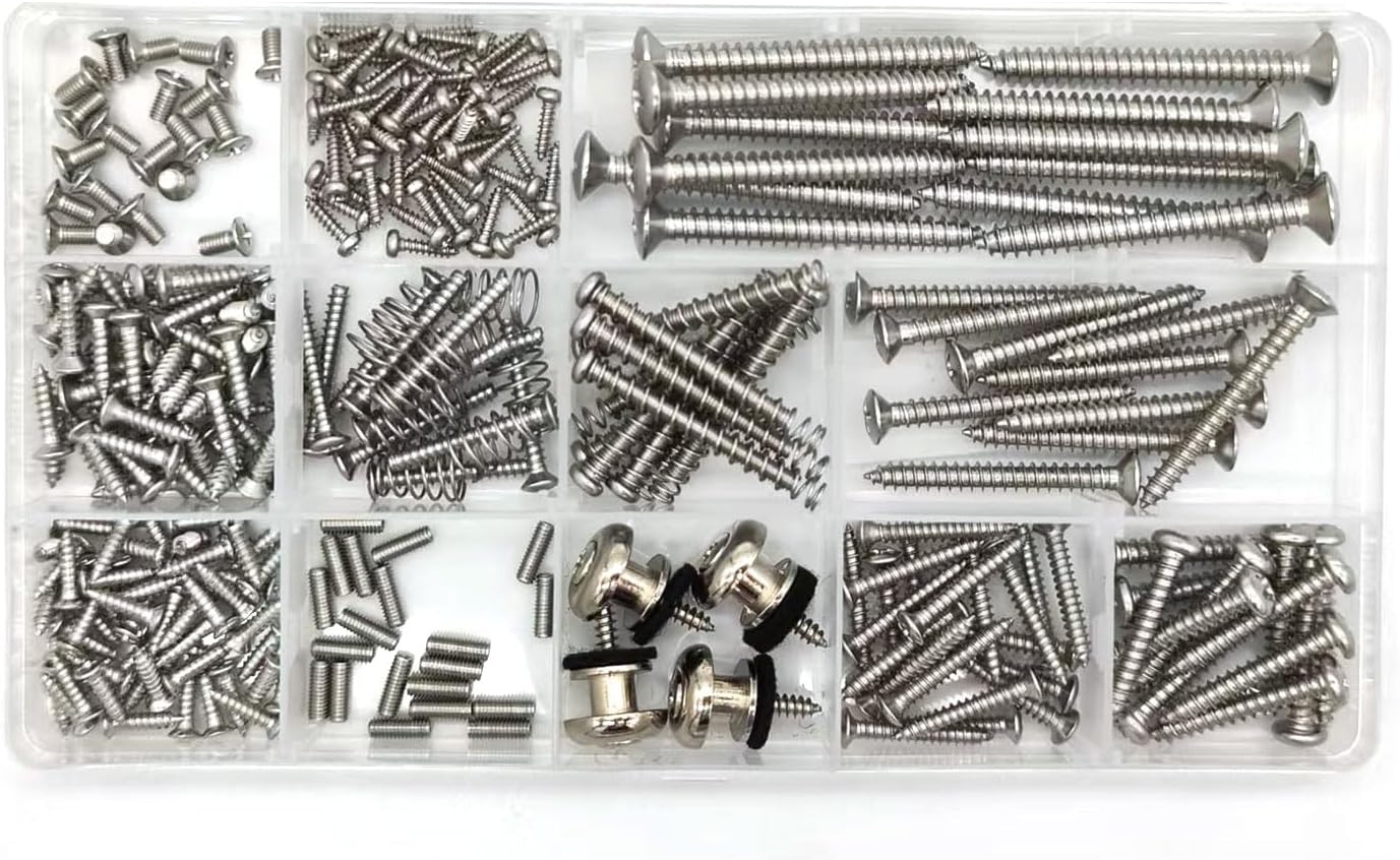 Guitar Screws Kit 304 Stainless Steel Luthier Parts-kit for Tele/Strat/SQ,Switch,Tuner,Machine Head, Neck Plate,Pickguard,Guitar Strap End Pins,Pickup,Bridge,Guitar DIY Kit(Metric, Chrome)