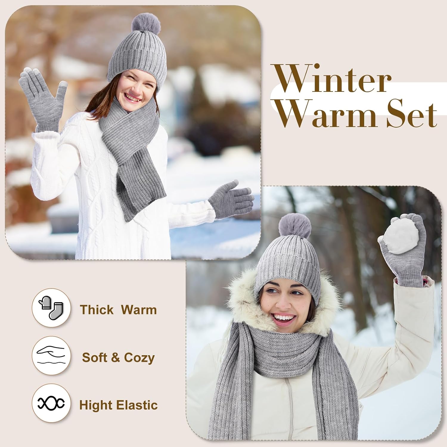 Geyoga 6 Pcs Winter Warm Set for Women Warm Beanies Hats Touchscreen Gloves Long Scarf Ear Muffs Socks Winter Gifts for Women