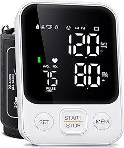 Blood Pressure Monitor Upper Arm Monitors for Home Use BP Machine with 2x120 Reading Memory Adjustable Arm Cuff 8.7-15.7 Large Display with LED Background Light Storage Bag White
