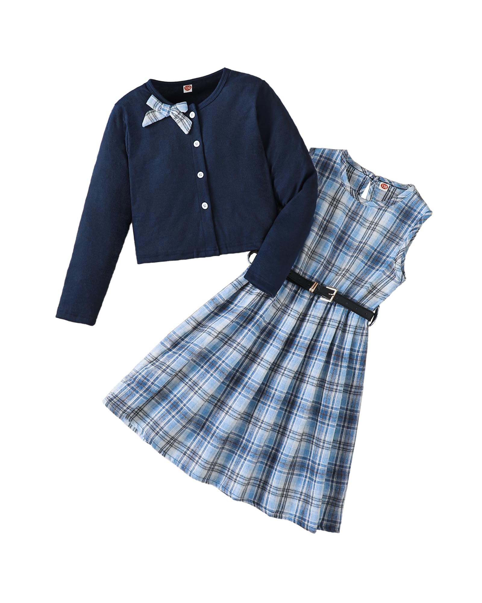 PureChapter Girls' Preppy Clothes Plaid Vest Dress Cardigan Jacket Belt Cute Kids Clothes 7-14Y Green 9-10 Years Blue