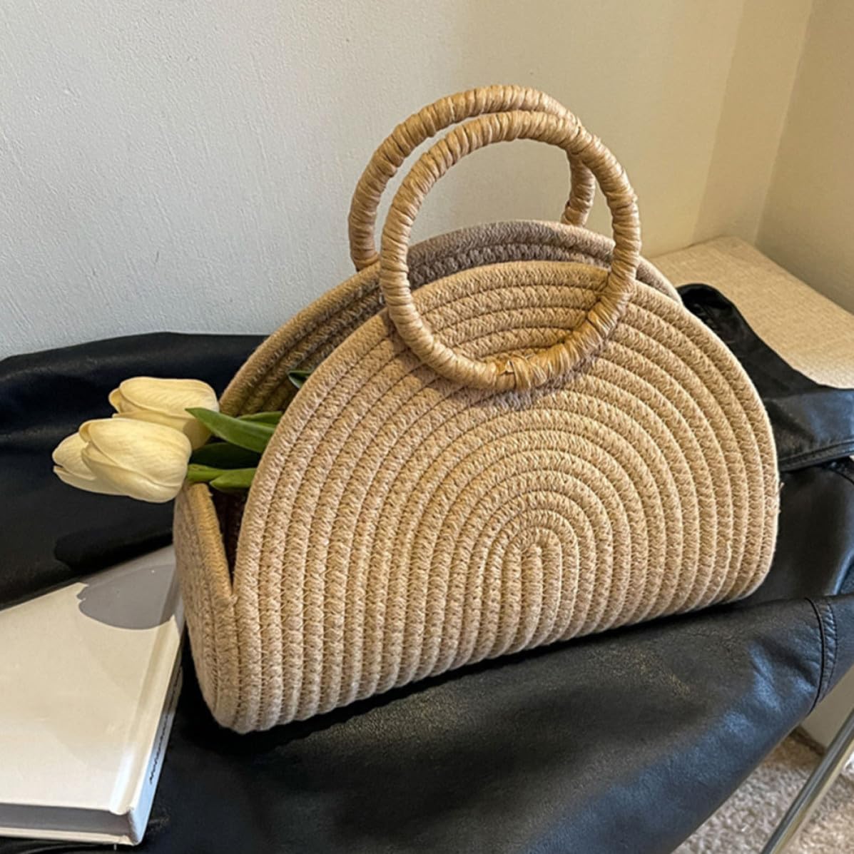 Borsa da Spiaggia Design Rustico e Trama Delicata Intrecciata a Mano in Corda di Cotone, Capiente e Portatile per Picnic Estivi