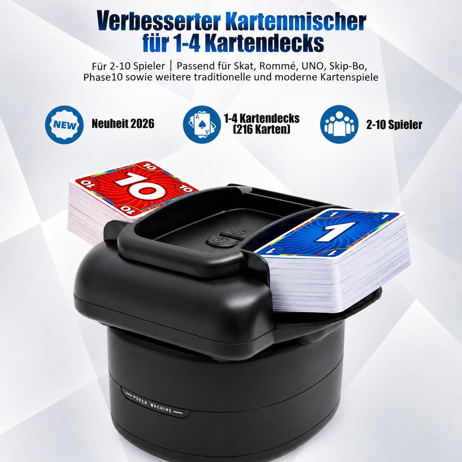 Miscelatore di carte elettrico, mixer automatico per carte, USB con batteria da 2600 mAh, mixer per 1-4 mazzi di poker, shuffler per UNO, nero