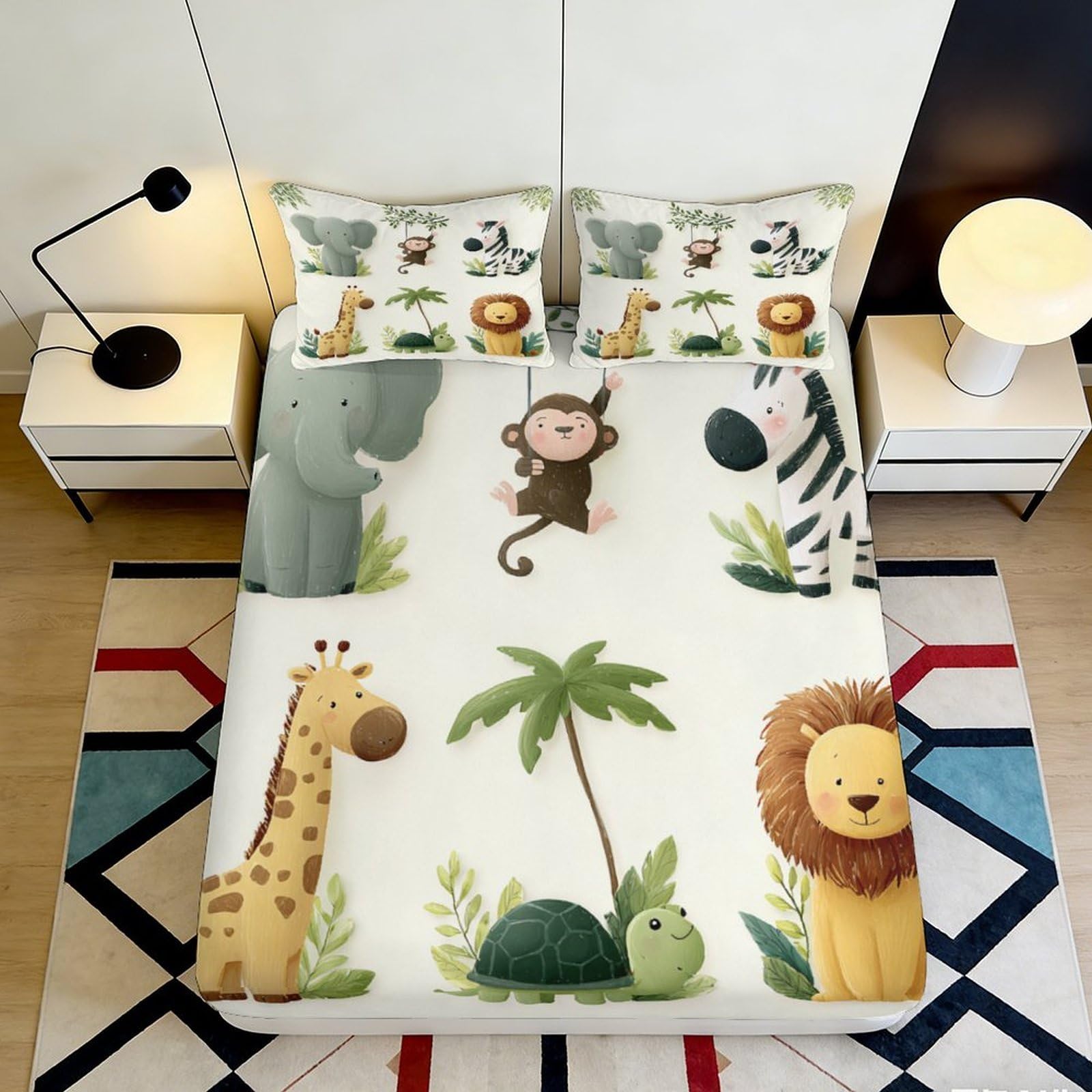 3D Printed Jungle Animals Fitted Sheet Microfiber Soft Breathable Safari Wildlife Mattress Cover for Bedroom Guest Room Protection Decor 140x200x25cm