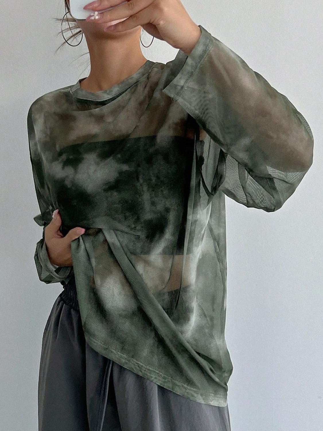 Verdusa Women's Y2k Tie Dye Sheer Mesh Top Drop Shoulder Long Sleeve Oversized Rave Streetwear Tops - Image 3