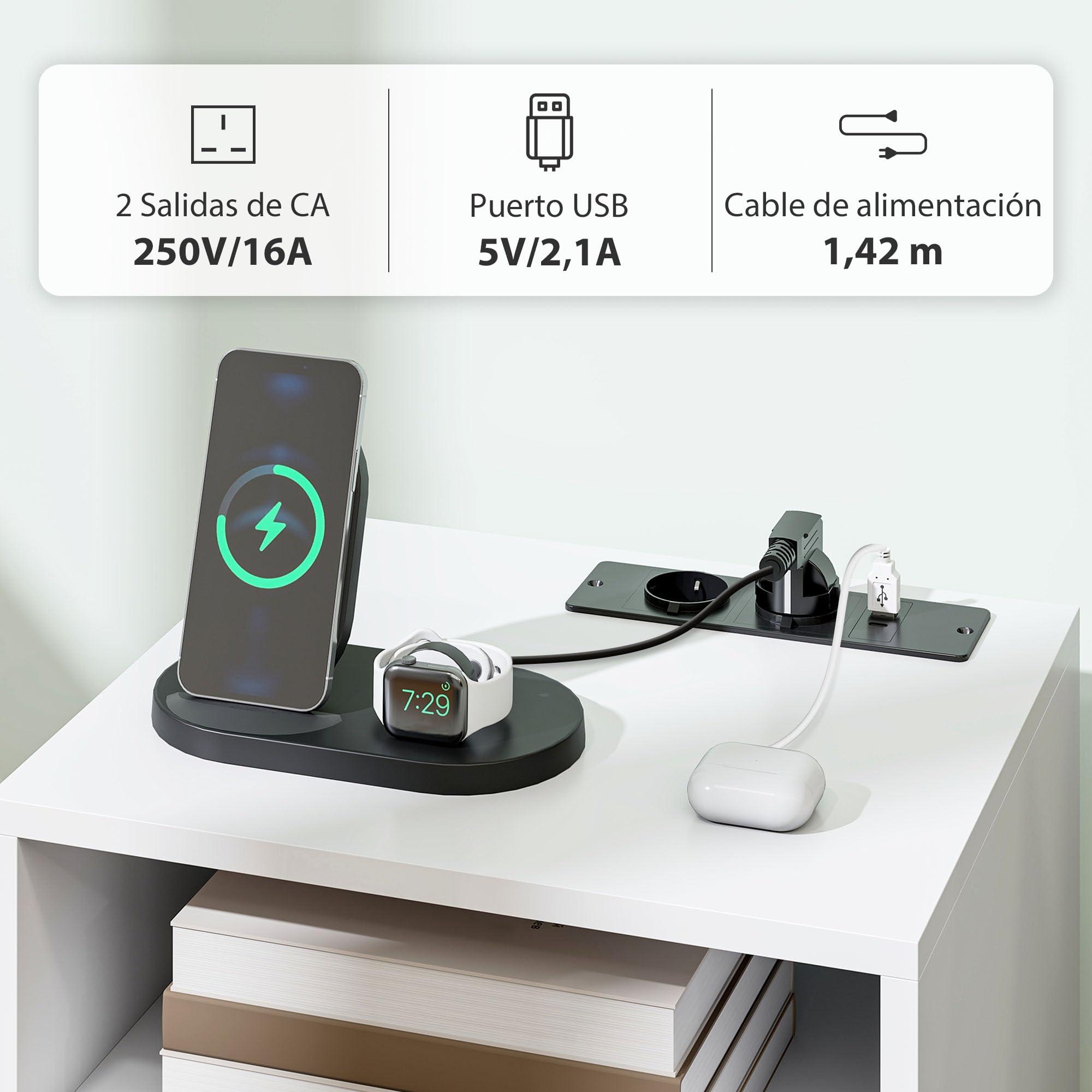 HOMCOM Mesita de Noche con Estación de Carga, Mesilla de Noche con Cajón, 2 Tomas AC, Puerto USB y Tipo-C, Compartimento Abierto, Patas de Madera, para Salón, Dormitorio, Blanco