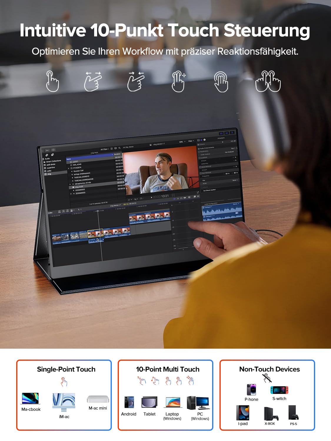 UPERFECT Portable Monitor Touchscreen 15.6" 125% sRGB Tragbarer Monitor Matt FHD 2000:1 Kontrastverhältnis Multifunktionale Ledertasche & Kompatibel VESA, Dual USB C für Laptop/Phone/Spielkonsole