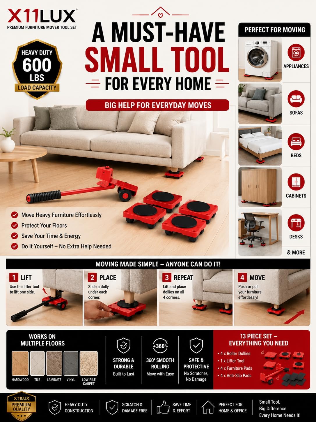 X11LUX - Furniture Moving, Lifting, Mini Tool Set, 360° Swivel Wheels, Lifter for Sofa, Cabinet, Washing Machine Appliances, Easy Moving Small Tool, Must Have for Home, Best for Hard Floor, image 2