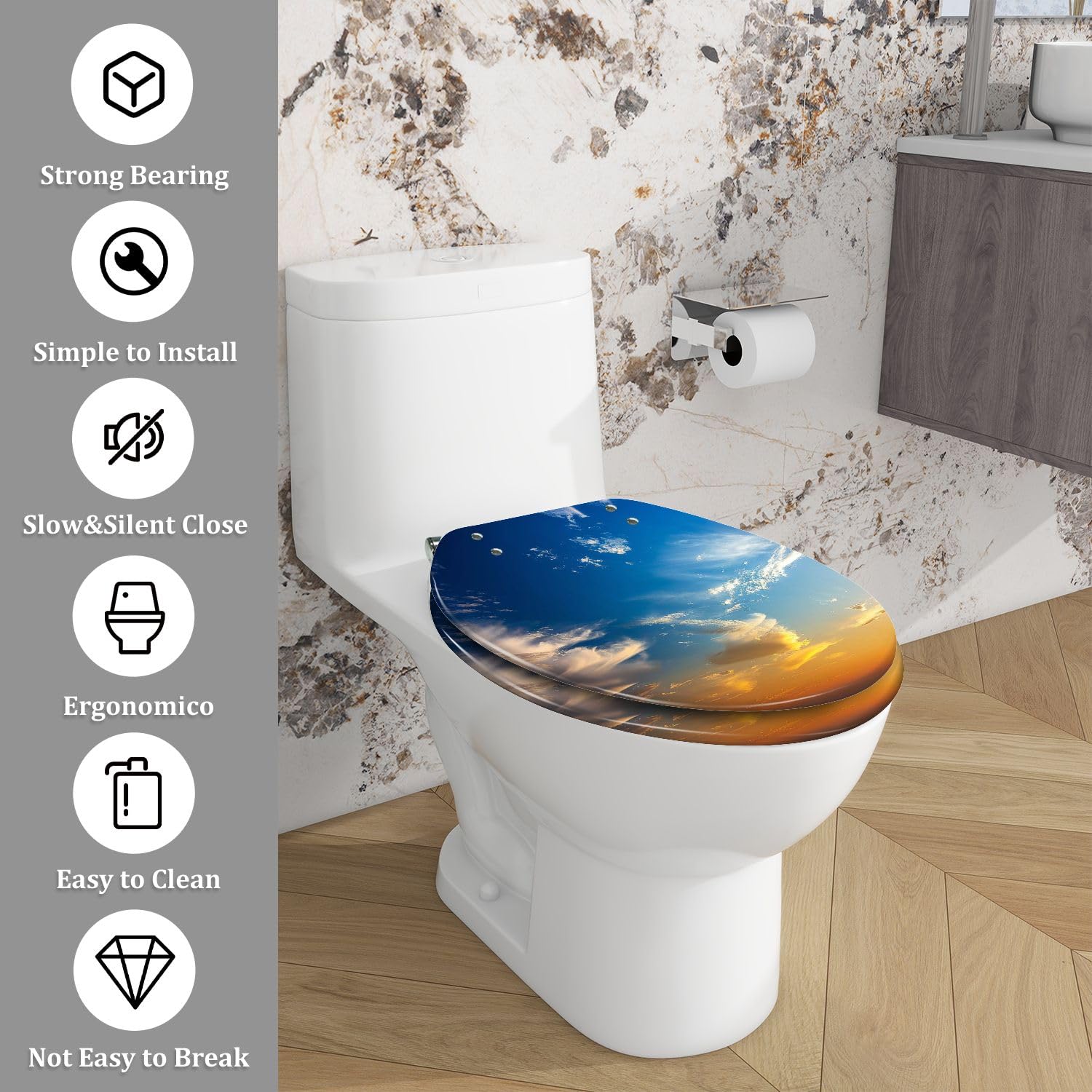 Asiento de inodoro genérico alargado de resina con tapa para baño.