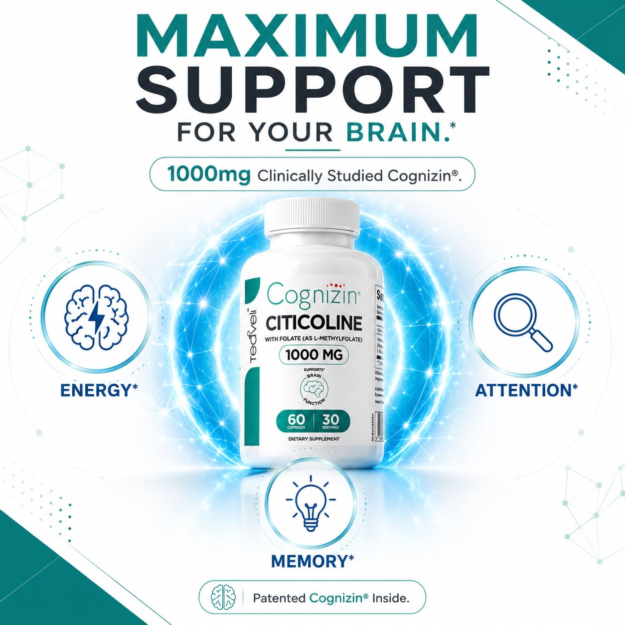 Teaveli Cognizin Citicoline- 1000mg CDP Choline Capsules with L-Methylfolate Folate- Clinically Studied Brain Supplement for Clarity, Concentration and Memory - Most Bioavailable Choline - 60 Capsules — Amazon image 3