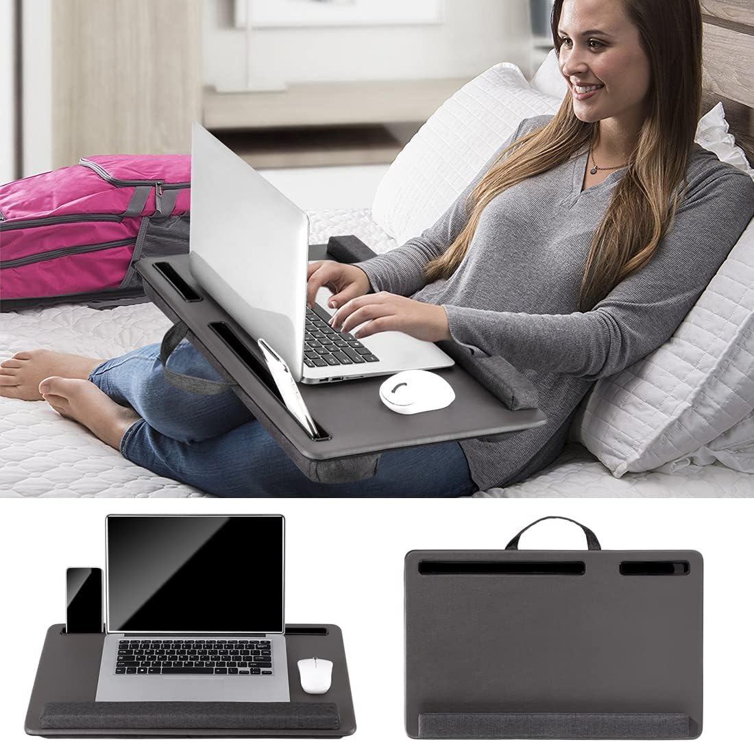Large Lap Laptop Desk - Full PU Material Mouse Pad Gaming Tray - Portable LapDesk with Phone Holder & Wrist Rest for Notebook, MacBook, Tablet, Bed, Sofa(Gray, Fit Up 17.3-in Laptops)