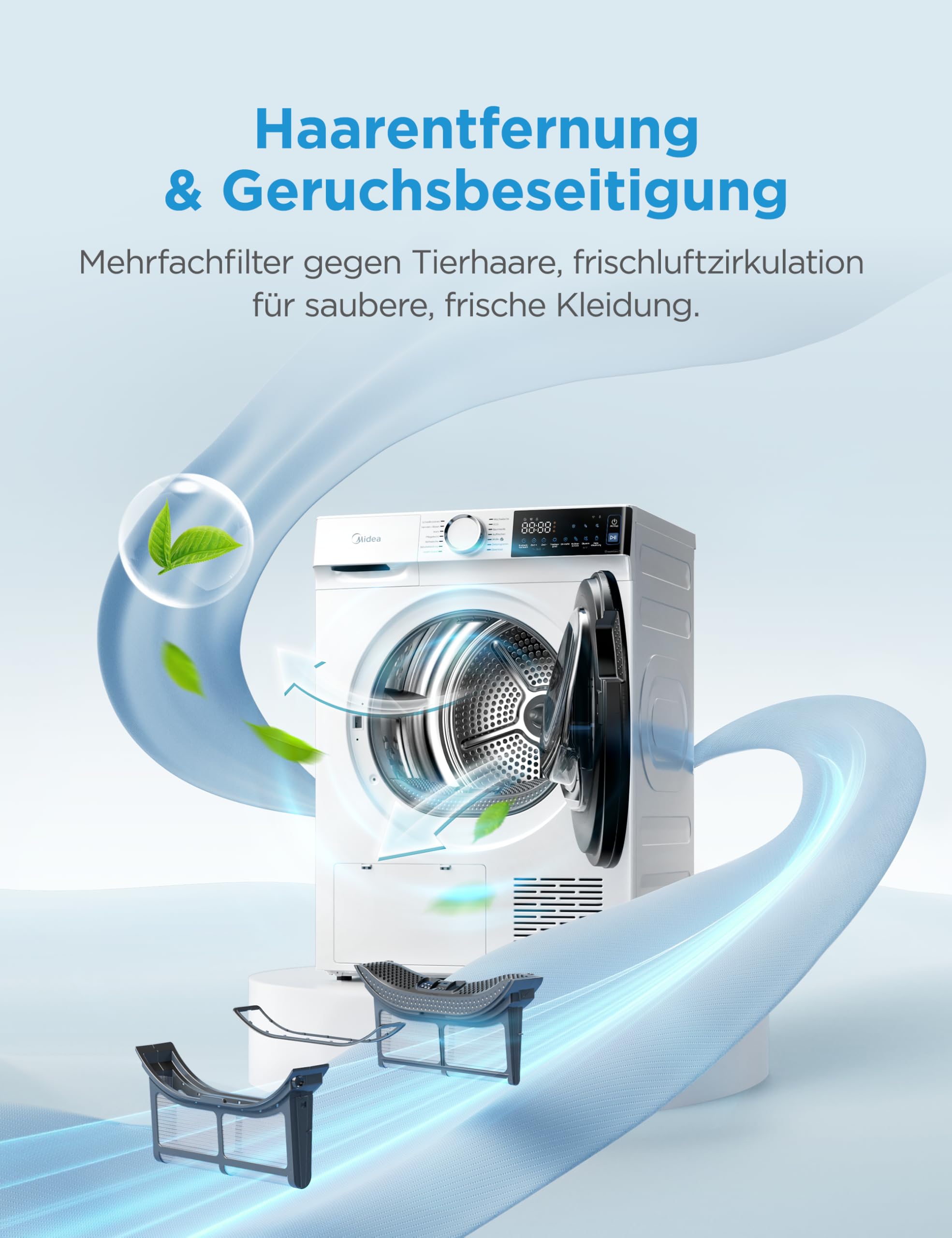Midea Serie V5 Wärmepumpentrockner, 9 kg, Energieklasse C, WLAN-Steuerung, 30 Minuten Schnelltrocknung, UV-Desinfektion mit Milbenentfernung, Knitterschutz, Inverter-Motor, Weiß, MDV5EH90WBC