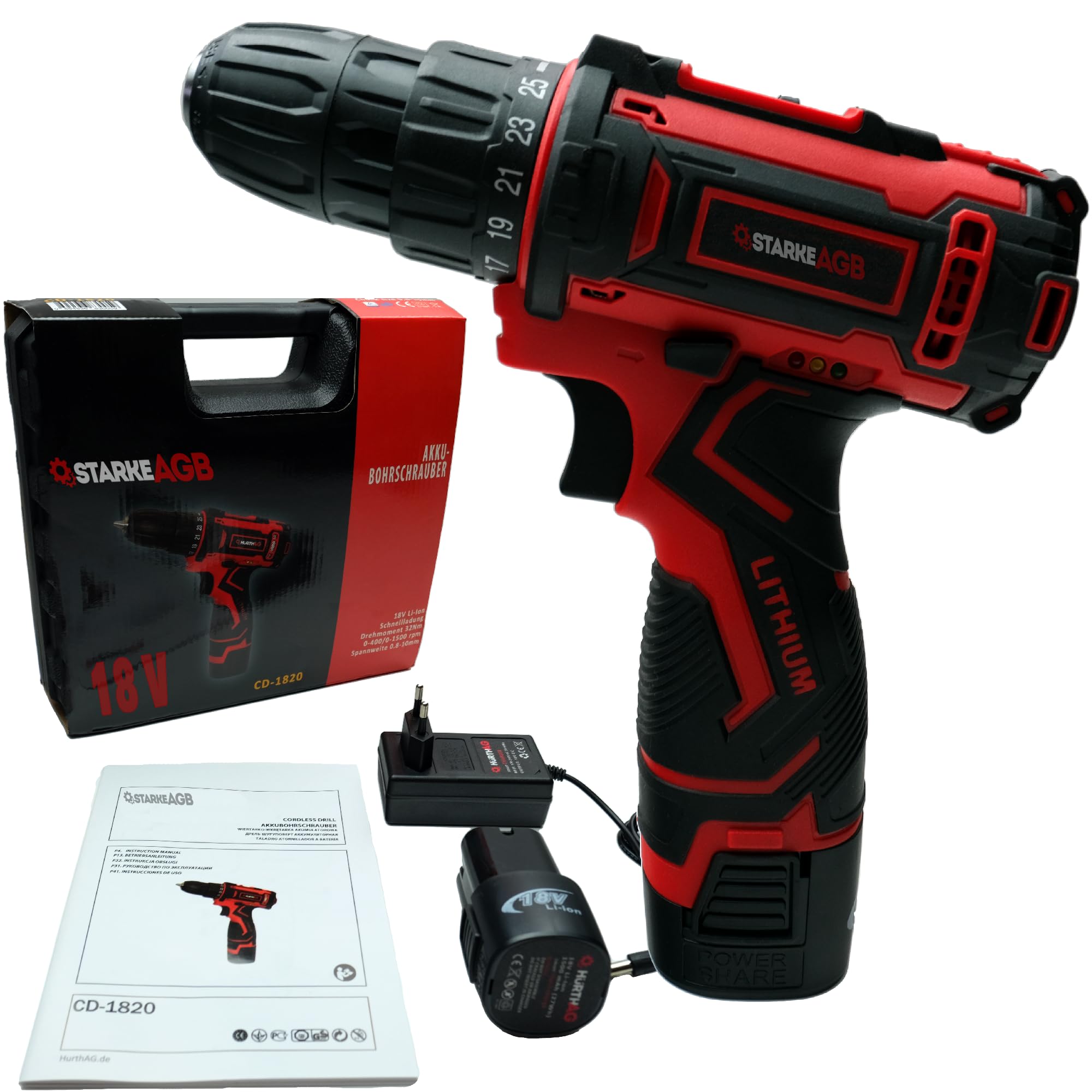 StarkeAGB – Trapano Avvitatore a Batteria 18V Li-Ion – 2x Batterie 1500mAh – 2 Velocità – Regolazione Coppia – Leggero ed Ergonomico – Valigetta + Caricabatterie