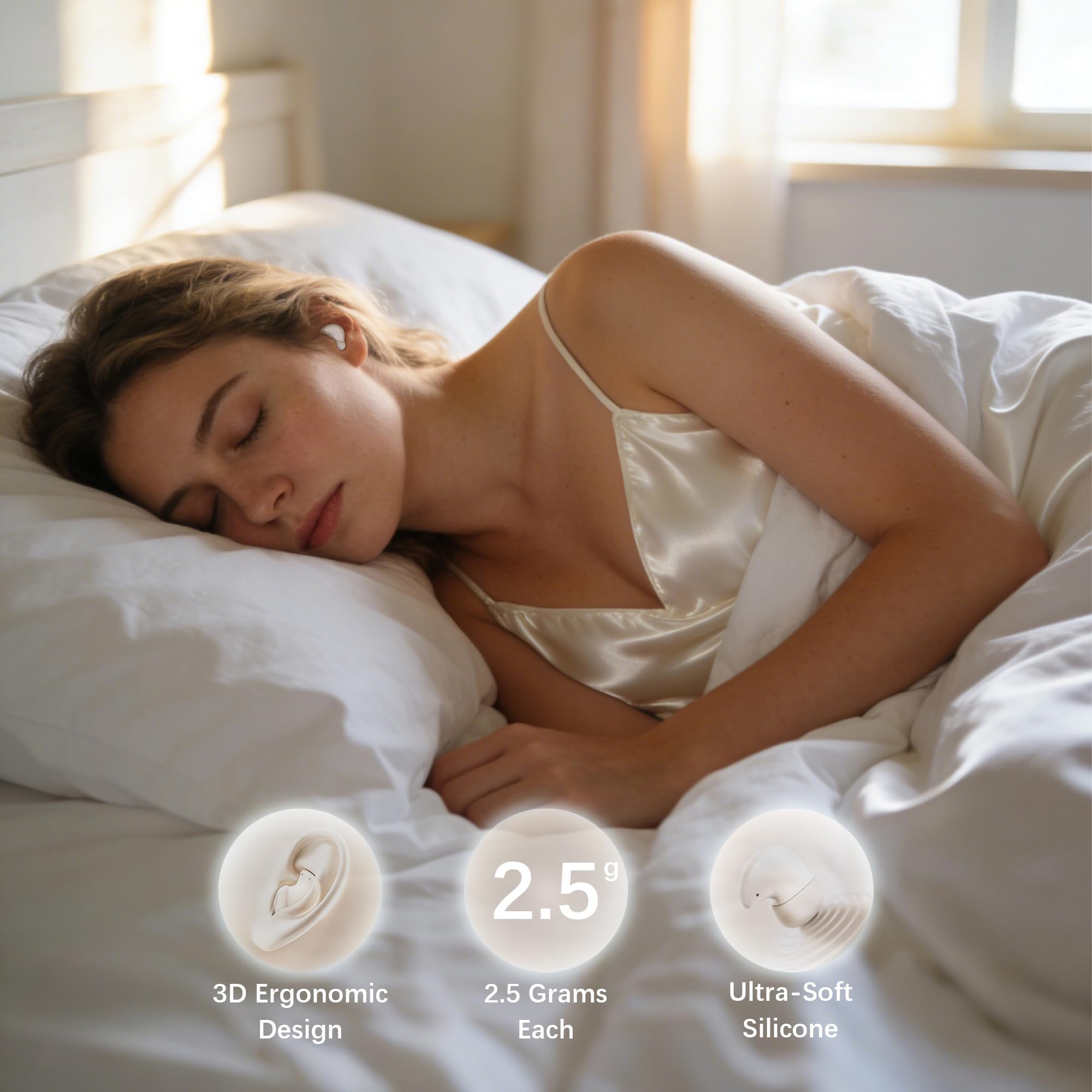 Essonio Auriculares H8 Sleep de 53 dB, reducción de ruido de alta frecuencia, pequeños tapones para los oídos para dormir de lado, tiempo de reproducción de 80 horas, bloqueo de ronquidos, auriculares