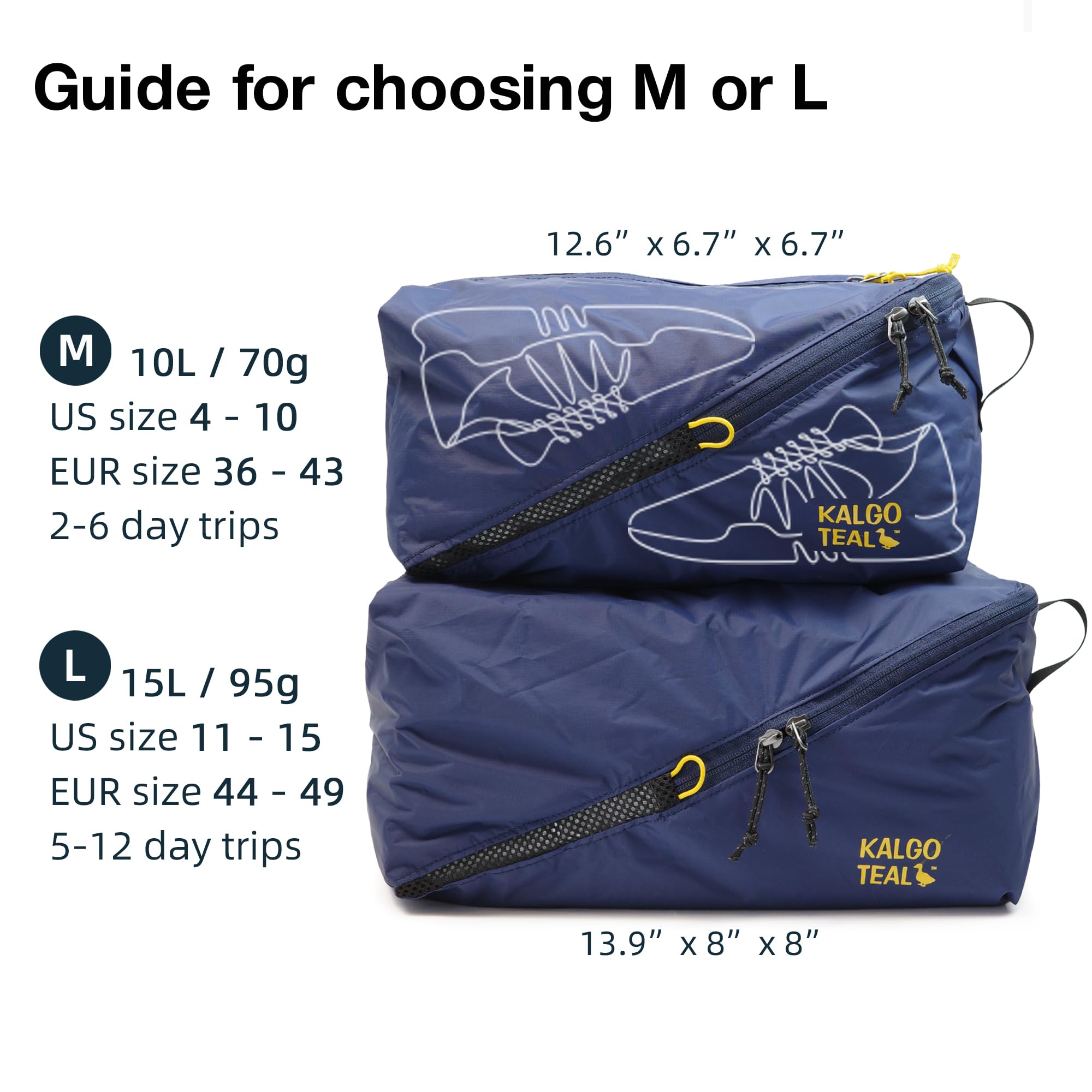 Ultralight Travel Shoe Bag 10L, Fits 2 Pairs Shoes, Large Water-Resistant Packing Cube.
