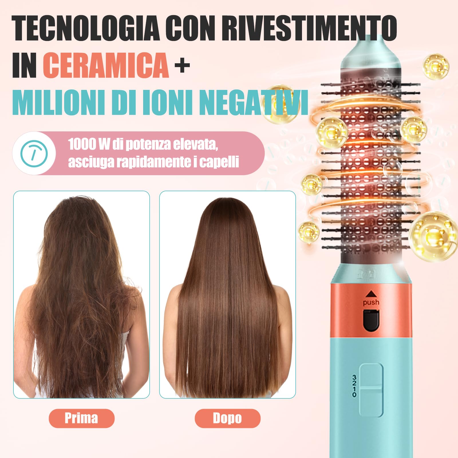 Spazzola Ad Aria Calda, Hair Brush set da 5 pezzi, 1000W Spazzola Asciugacapelli, Tecnologia a Ioni, spazzola rotante per capelli Rivestite In Ceramica e Cheratina,Volumizzant, Asciugare,Arricciare