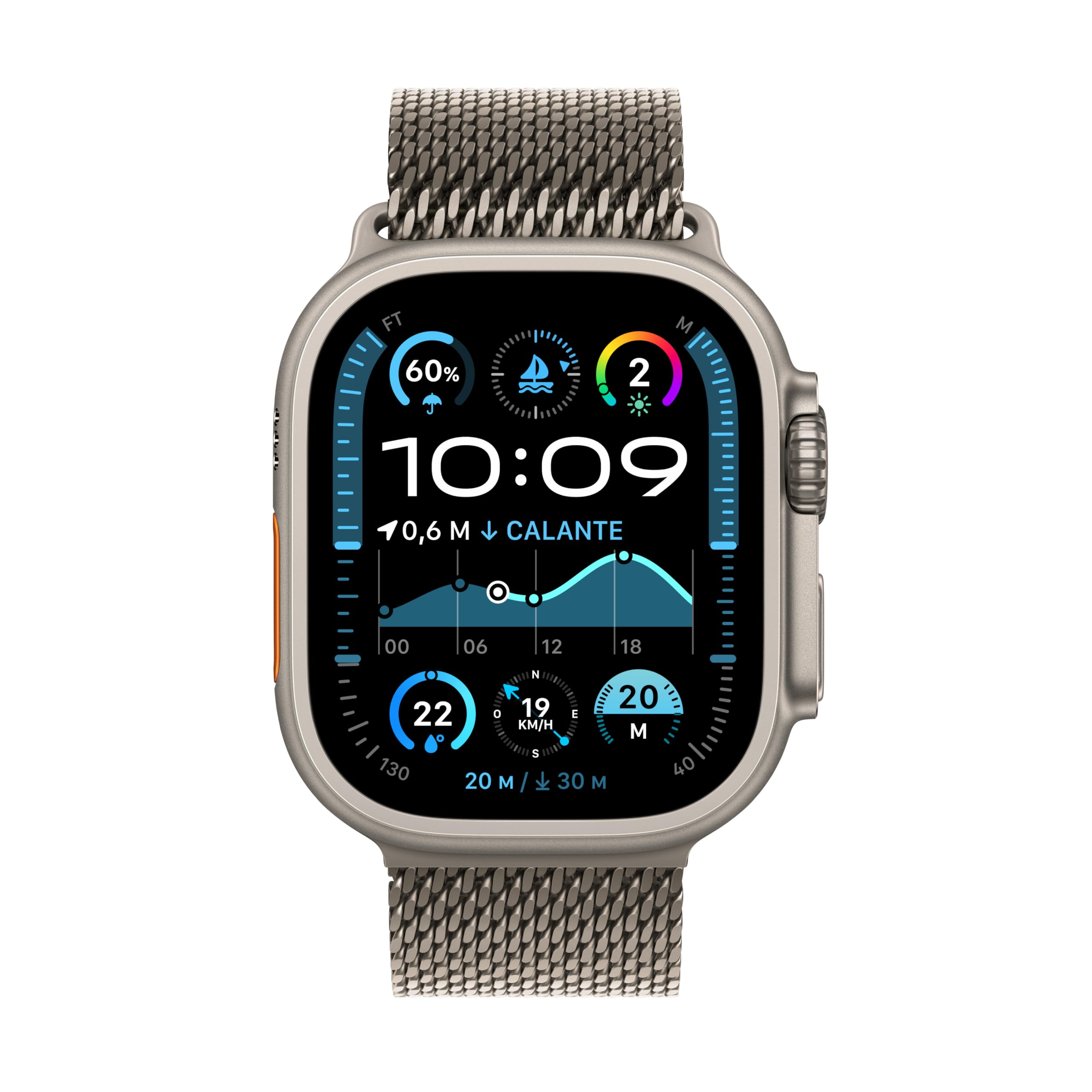 Apple Watch Ultra 2 GPS + Cellular 49 mm Sportwatch con robusta cassa in titanio Naturale e Loop in maglia milanese Naturale - Medium. Fitness tracker, GPS di precisione, luminoso display Retina