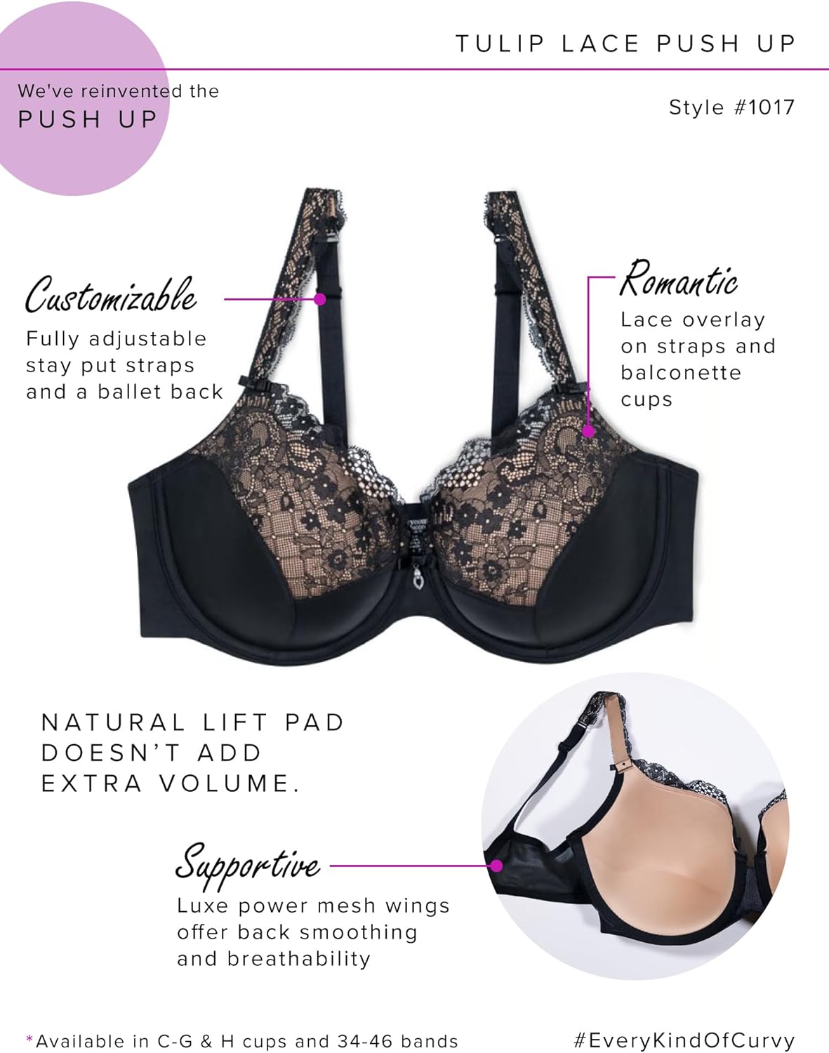 Curvy Couture Womens Tulip Strappy Lace Push-up Bra - Image 6