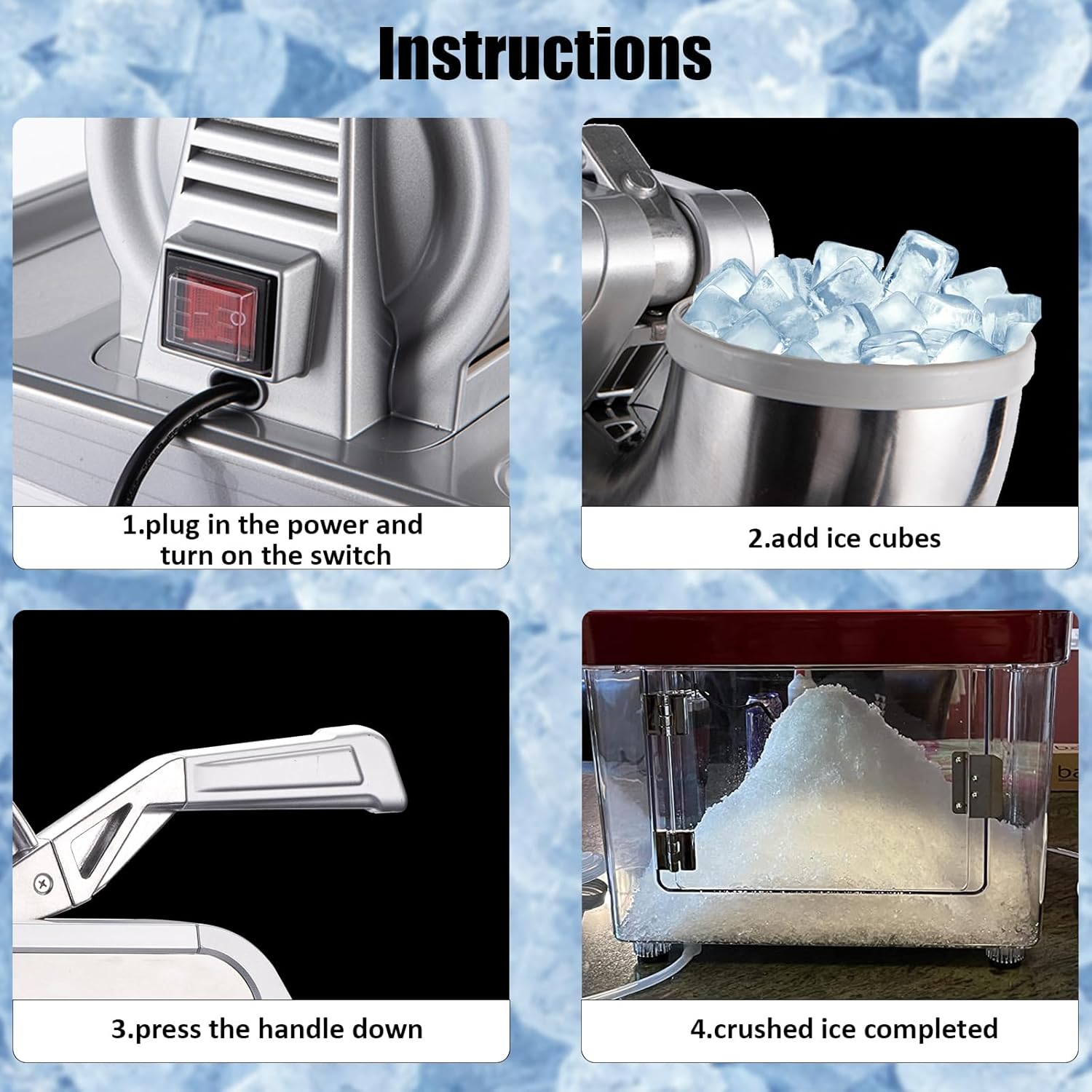 GarveeHome 661 LBS/H Commercial Ice Crusher, 350W Electric Snow Cone Machine with 4 Blades, Stainless Steel Shaved Ice Machine with 38 L Ice Storage Box for Restaurants, Bars, Home and Commercial Use