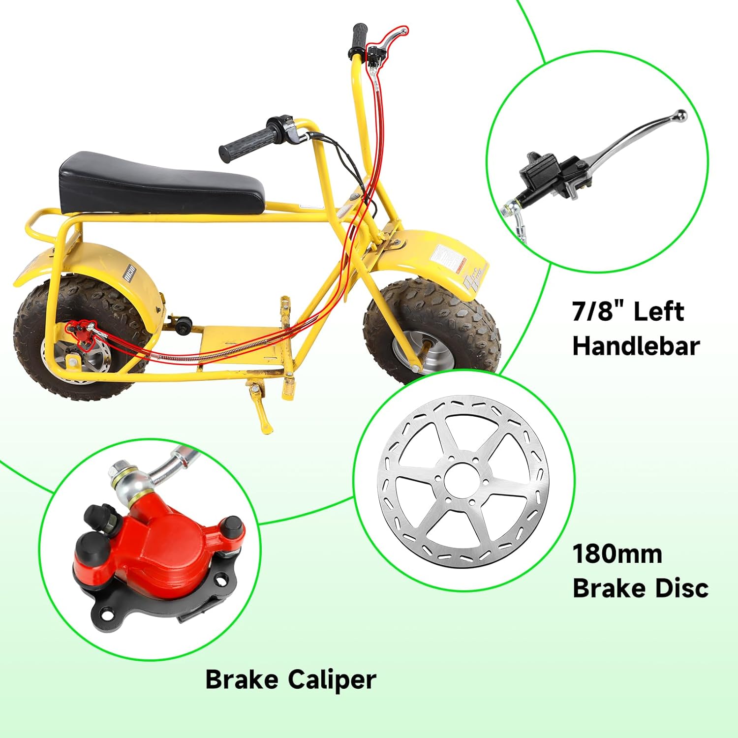 Mini Bike Hydraulic Brake Kit and 7/8'' Throttle Assembly Compatible with Baja DB30 Doodle Bug Blitz Dirt Bug Racer Minibike 97cc 79cc Predator 2.8hp Engine with 180mm Disc Brake Rotor Part