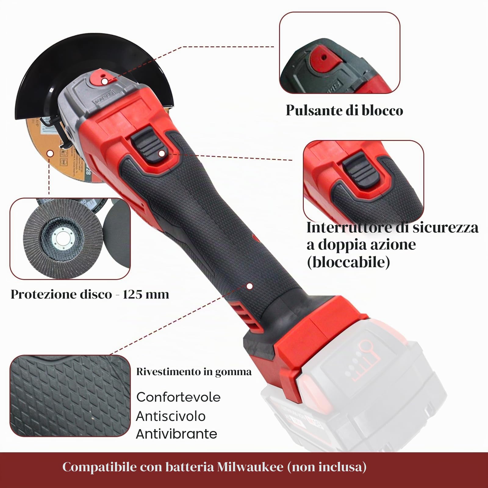 Smerigliatrice angolare a batteria compatibile con batteria Milwaukee da 18 V, smerigliatrice angolare da 125 mm, senza spazzole da 12000 giri/min, con dischi da taglio per tagliare, levigare e