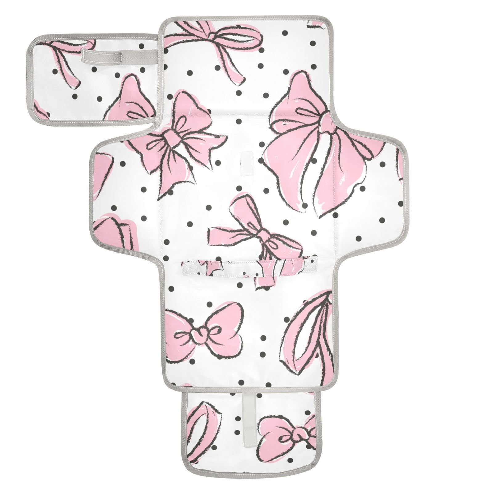WELLDAY Pink Bow Portable Diaper Changing Pad - Waterproof Foldable Baby Diaper Changing Pad with Built-in Pillow, Travel Diaper Changing Mat for