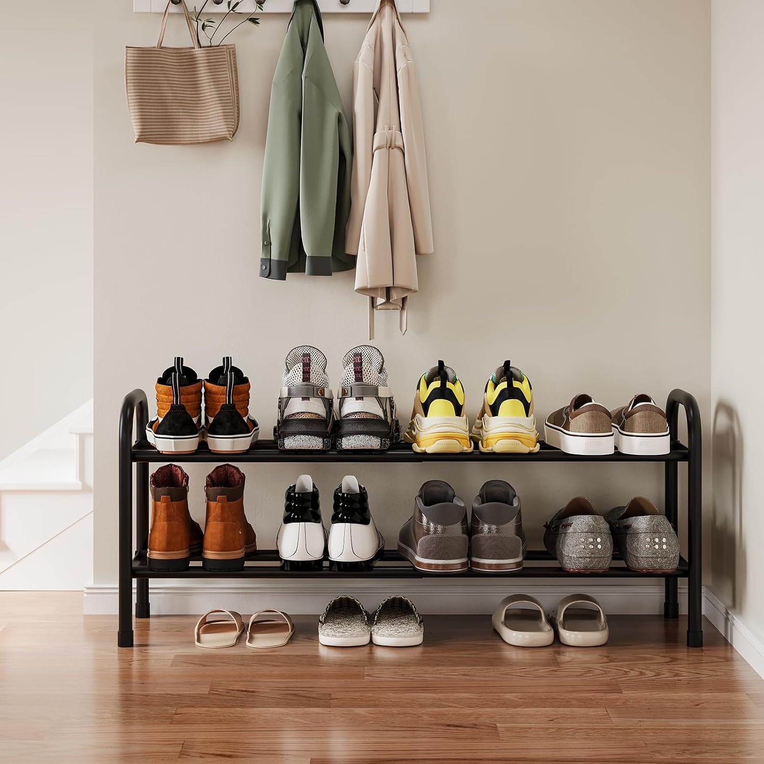 2-Tier Expandable Shoe Rack, Metal Shoe Storage Organizer, Adjustable Shelf, (Black, 2Tier)