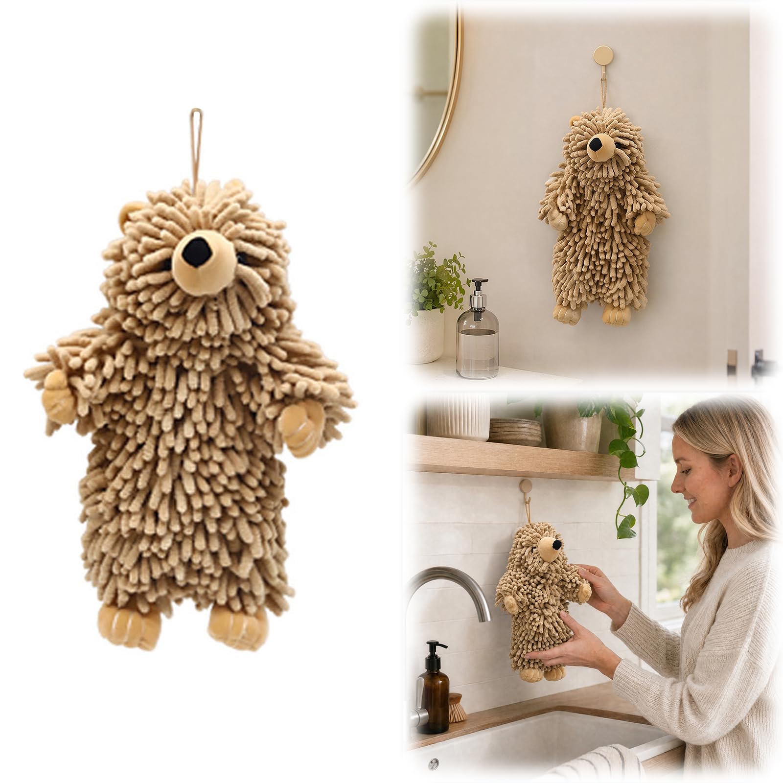 Chenille Bear Hand Towel - Cute 3D Plush Bear Hand Towel with Loops, Super Absorbent Hanging Kitchen & Bathroom Towels for Kids, Microfiber Fuzzy Animal Hangable for Bath, Washstand