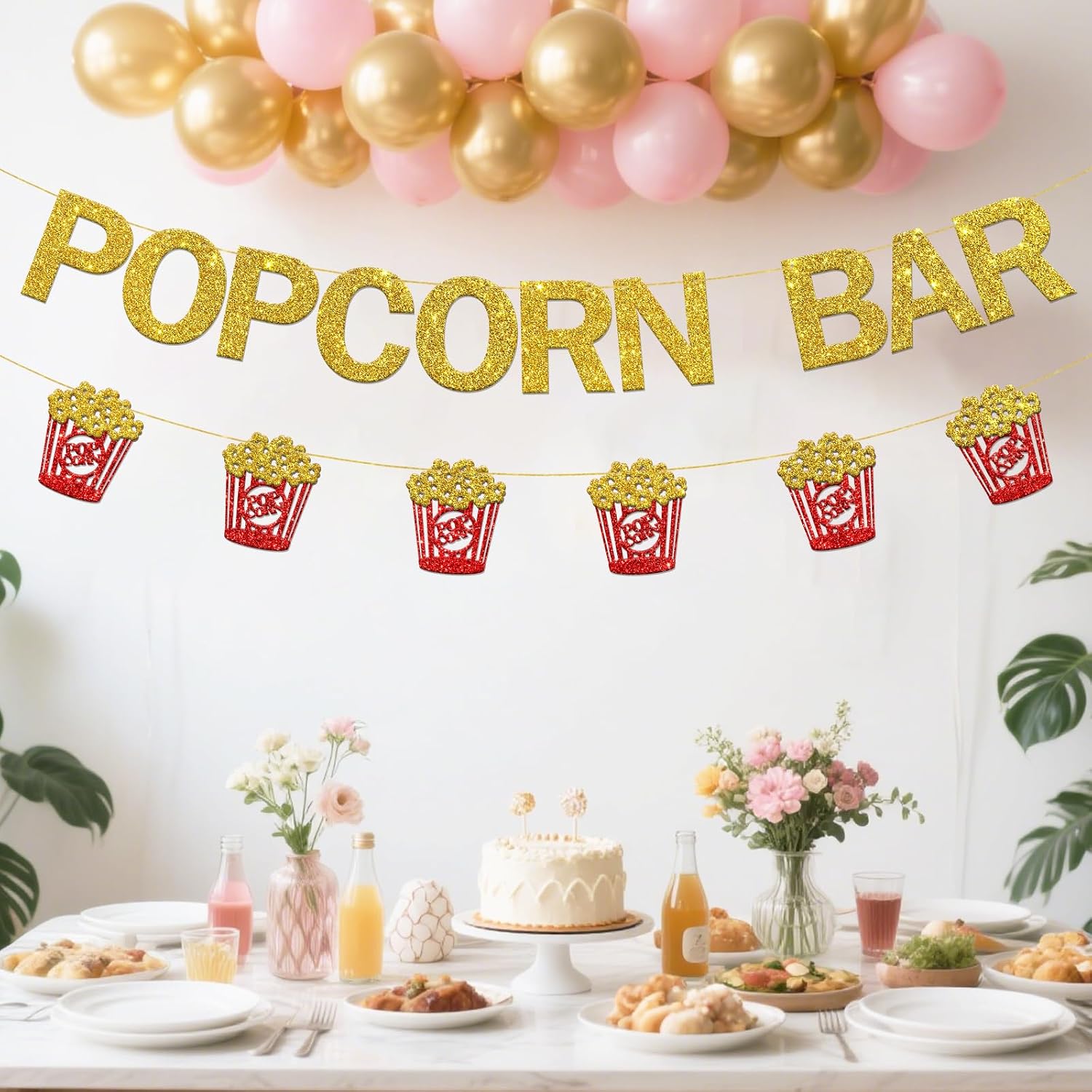 Popcorn Bar Banner Movie Night Party Decorations Popcorn Sign for For Birthday Wedding Bridal Shower Anniversary Party Decor Glitter Gold