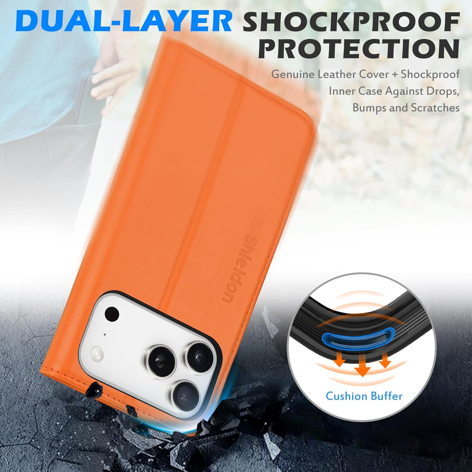 SHIELDON Real Leather Wallet Case for iPhone 17 Pro Max 6.9" 5G 2025 | Kickstand, RFID Blocking Credit Card Holder, Magnetic Closure, Folio, Shockproof Protective Phone Cover - Orange