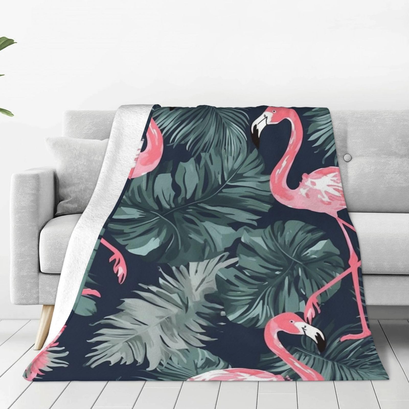 Flamingo and Leaves Throw Blanket for Couch, Plush Fuzzy Soft Flannel Blankets and Throws for Sofa, 40"x30" Bed Blankets for Travel Camping Chair, All Season Warm Fleece Blanket