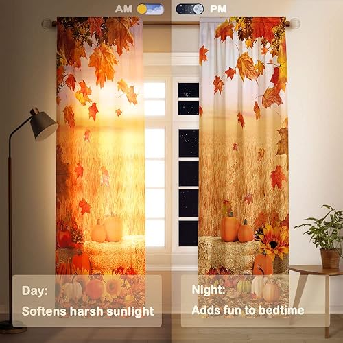 Miniatura 3 de Funnytree Cortina de ventana de paisaje otoñal con estampado de calabaza, decoración del hogar, bolsillo para barra, cortinas de oscurecimiento para