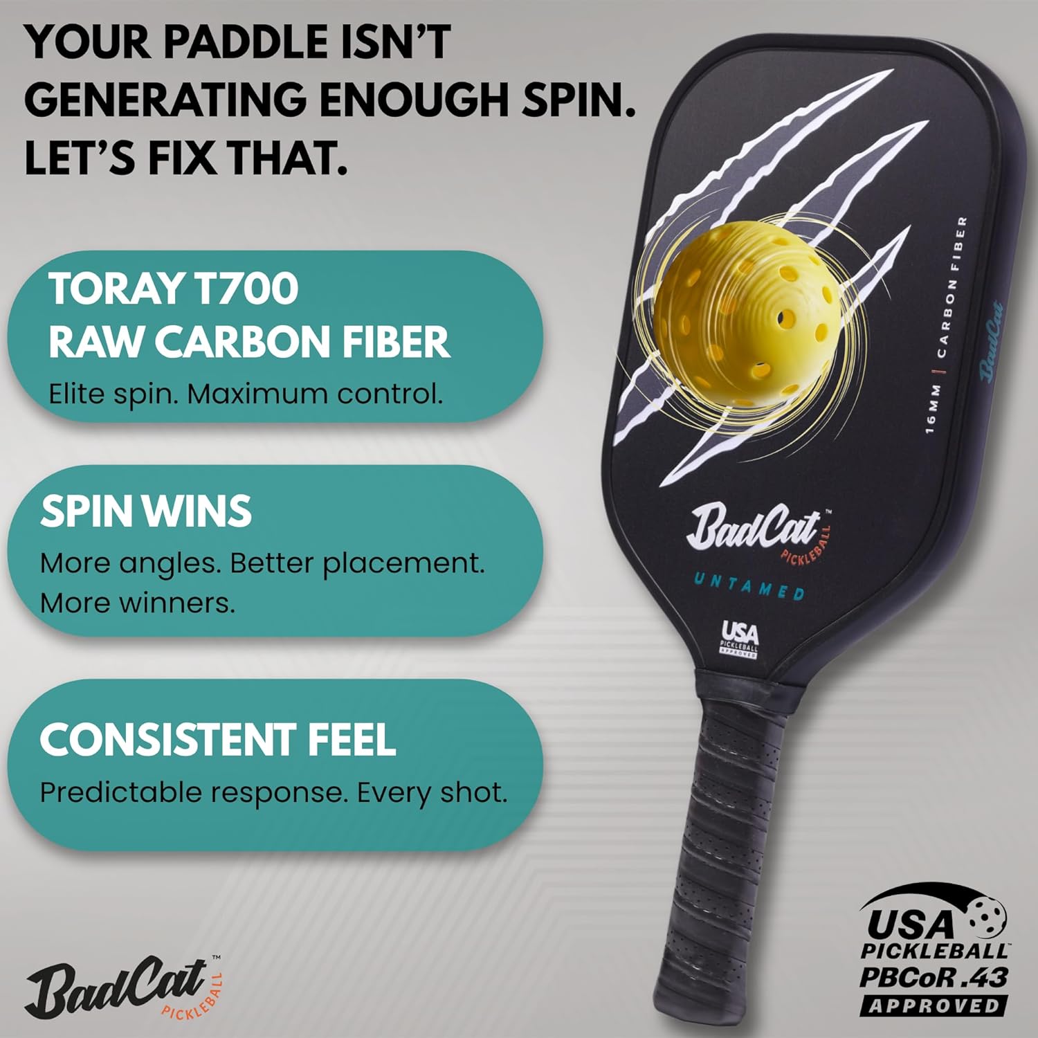 Untamed Paddle - Toray T700 Raw Carbon Fiber | Thermoformed Unibody for Maximum Spin & Control | 16mm Core, Elongated Shape | USAPA Approved | Intermediate to Advanced Players