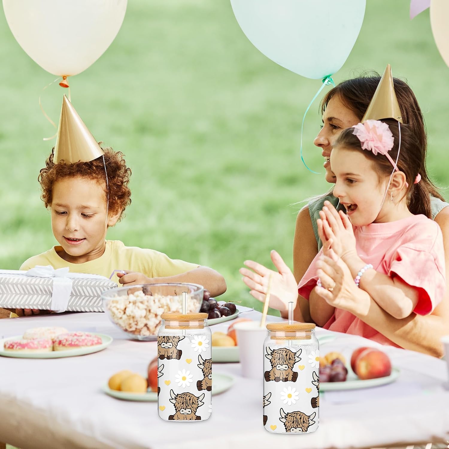 Whaline 2Pcs Highland Cow Iced Coffee Cup Brown Cow Daisy Heart Drinking Glasses 16oz Cute Glass Cup with Lids and Straw for Cocktails Whiskey Beer Soda Gifts - Image 6