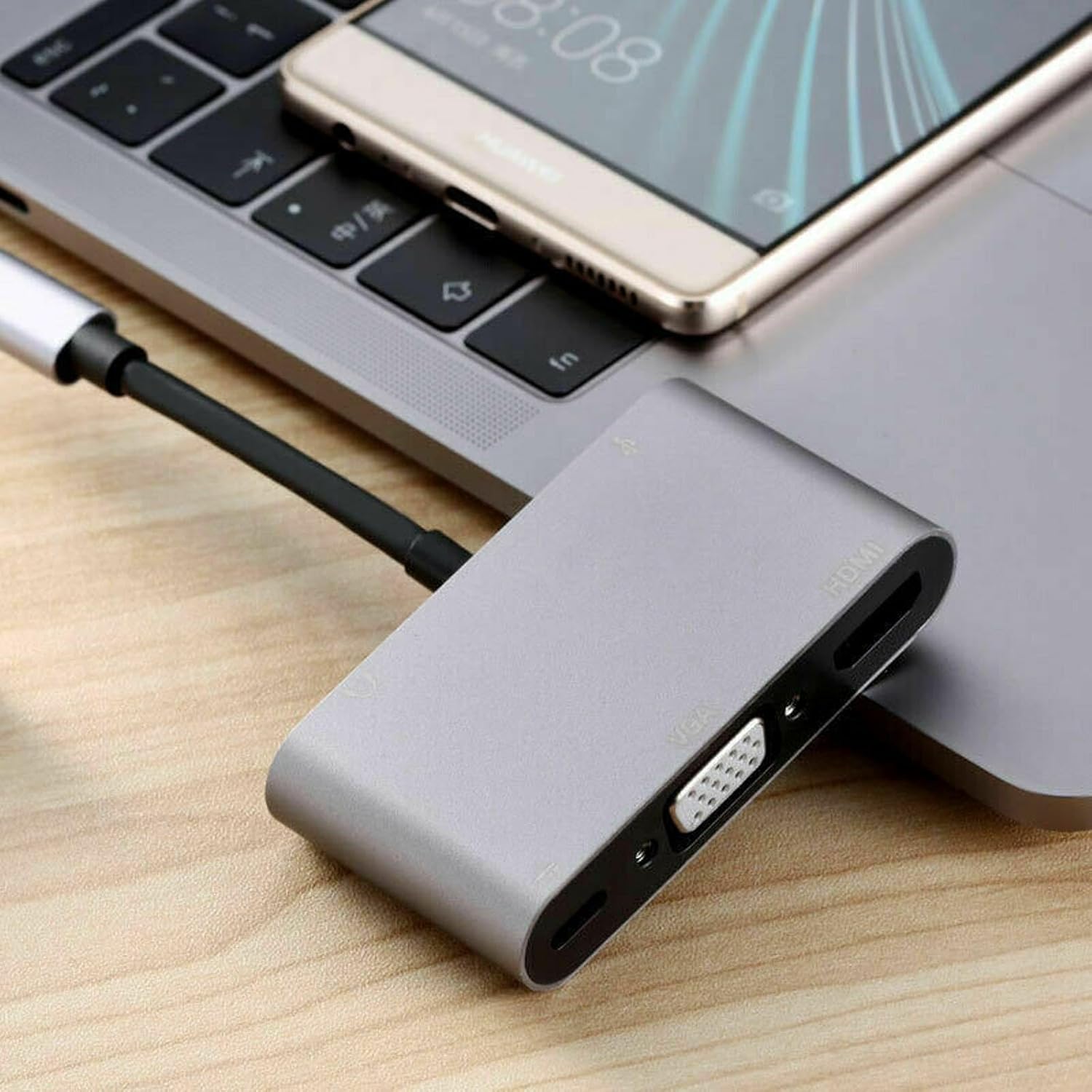 5 in 1 Type-C Adapter Converter Hub Aluminum Alloy Type C to HDTV/VGA/USB 3.0/3.5mm Audio/USB-C PD Port Adapter