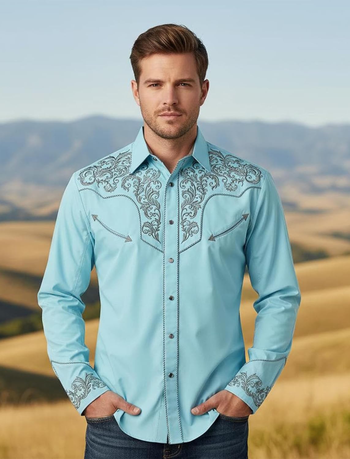 Men's Western Cowboy Shirt Embroidered Exquisite Long Sleeve Regular Fit Snap Button Down Shirts with Embroidery - Image 2