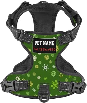 Custom No Pull Dog Harness, Personalized Green Christmas Snowflake Dog Vest with Pet Name Phone Number, Customized Adjustable Reflective Pet Harness for Large Medium Small Dogs Cats Outdoor Walking