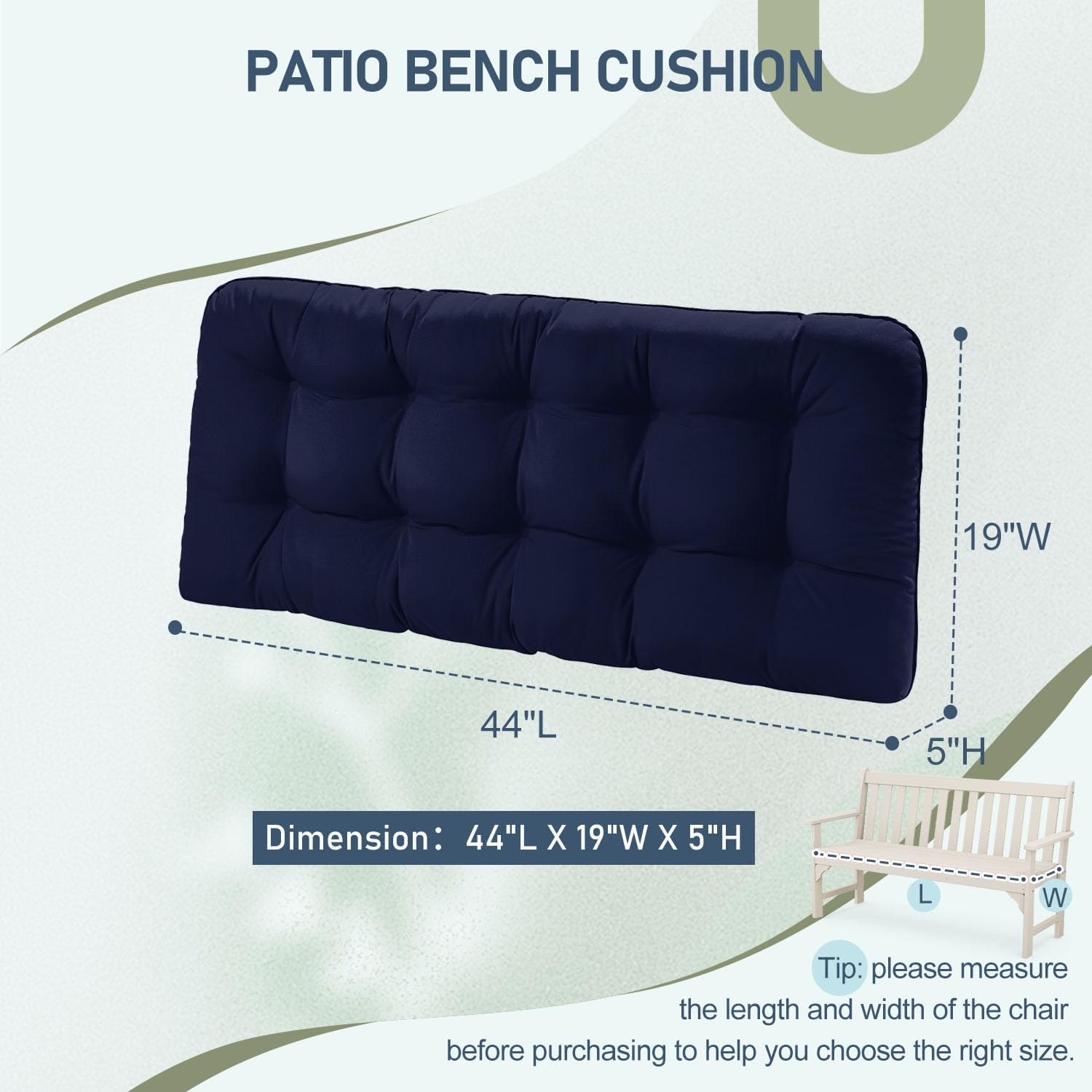 downluxe Outdoor Bench Cushion for Patio Furniture, Water Resistant Tufted Overstuffed Porch Swing Cushions, Thick Outdoor Loveseat Cushions, 44" X 19" X 5", Navy, Set of 1