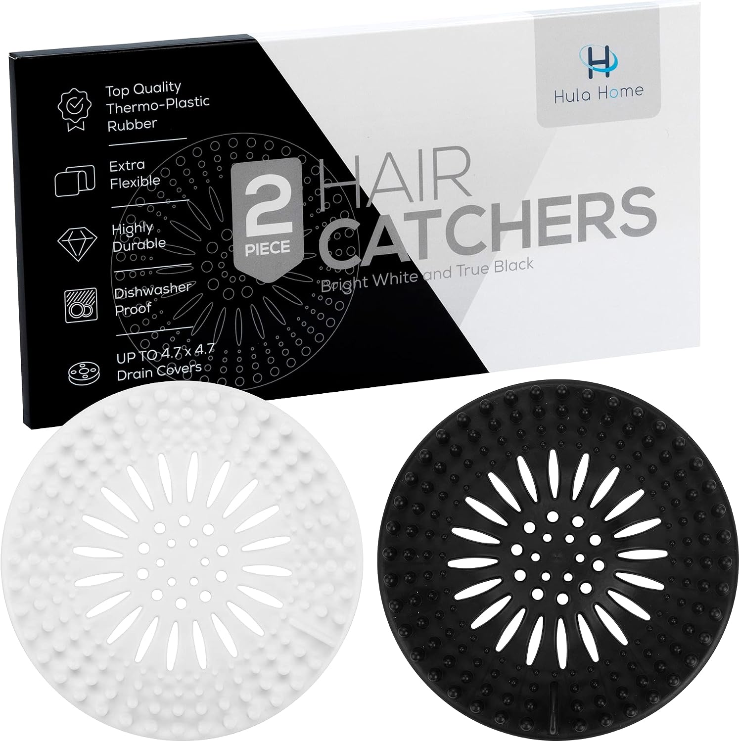 2pc Hair Drain Catchers | Durable Thermo-Plastic-Rubber Stopper Shower Raised Drains Cover Easy to Install and Clean Catcher for Bathroom, Bathtub, Kitchen, White & Black