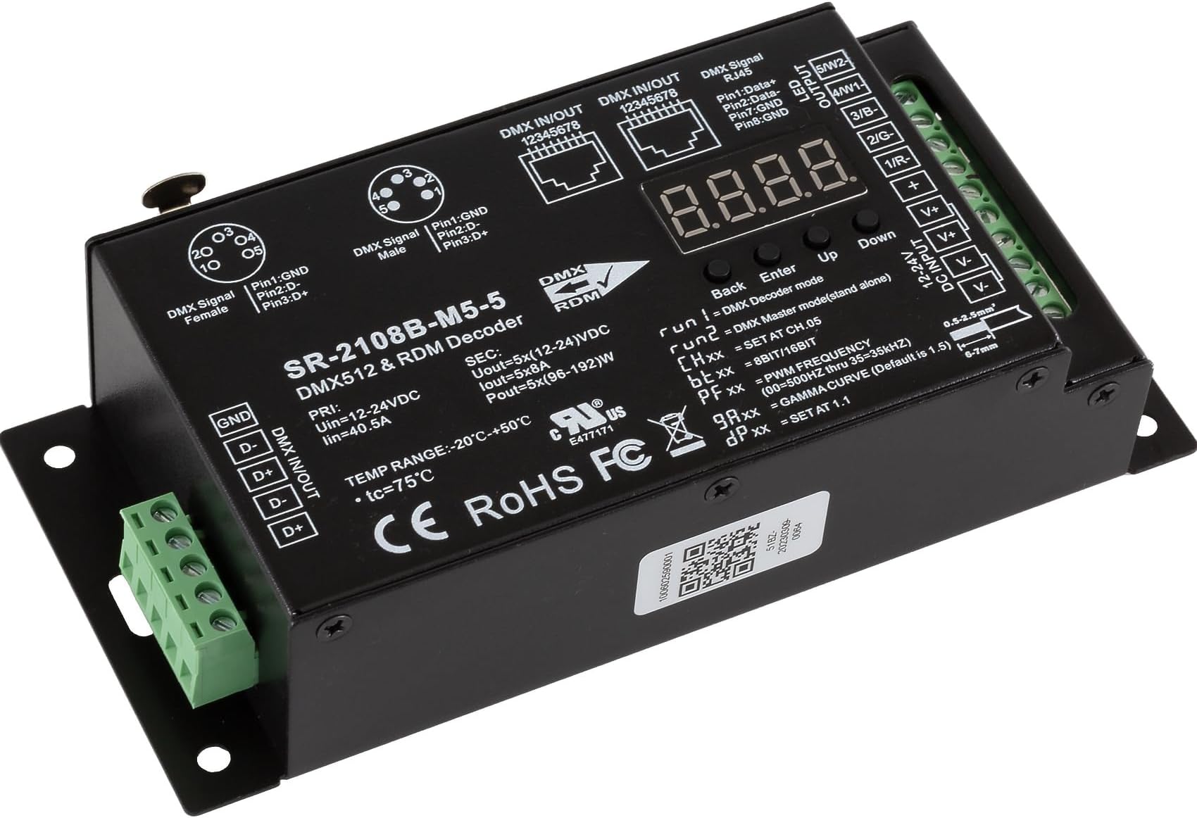 SIRS-E LED DMX RDM Decoder 5 Channel Stand Alone RGB & RGBW Controller 8A/CH, 12-24V DC, 480-960W, UL Recognized, SR-2108B-M5-5