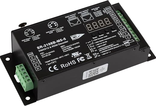 SIRS-E LED DMX RDM Decoder 5 Channel Stand Alone RGB & RGBW Controller 8A/CH, 12-24V DC, 480-960W, UL Recognized, SR-2108B-M5-5