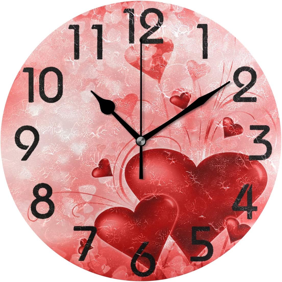 Naanle Chic Creative Red Hearts Flower Valentine Wedding Pattern Round Wall Clock, 9.5 Inch Battery Operated Quartz Analog Quiet Desk Clock for Home,Office,School