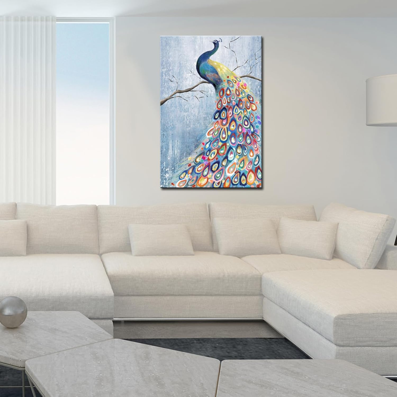 sechars Peacock Wall Art Colorful Feather Painting Prints Modern Blue Living Room Decor 24"x36"