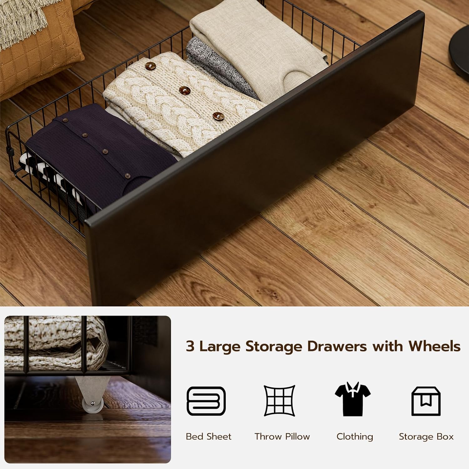 IKIFLY Twin XL Bed Frames with Storage Drawers, Hidden Storage Headboard with LED Lights & Charging Station, Upholstered Twin XL Platform Bed, Solid Wood Slats, No Box Spring Needed, Black