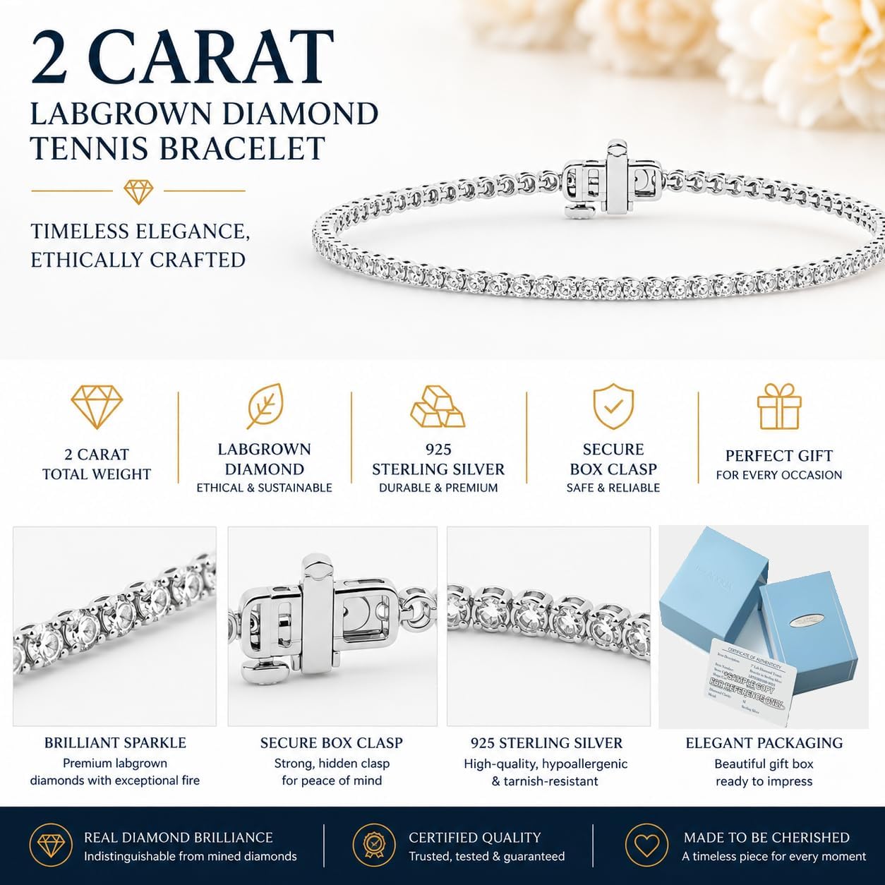 Belacqua Lab Grown Diamond Tennis Bracelet in Sterling Silver, Round Cut, 2 to 5 Carat Bracelets, G Color, SI Clarity, Prong Set, Fine Jewelry for Women, Gift Box Included