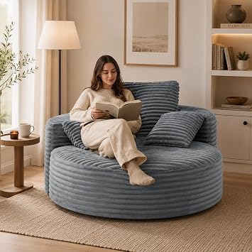 CASIRIS Oversized Cloud Round Chair for Bedroom and Living Room - 56" Deep Seat Chaise Lounge Chair with Supportive Back Pillow, Cozy Reading Couch for Apartment and Lounge Space
