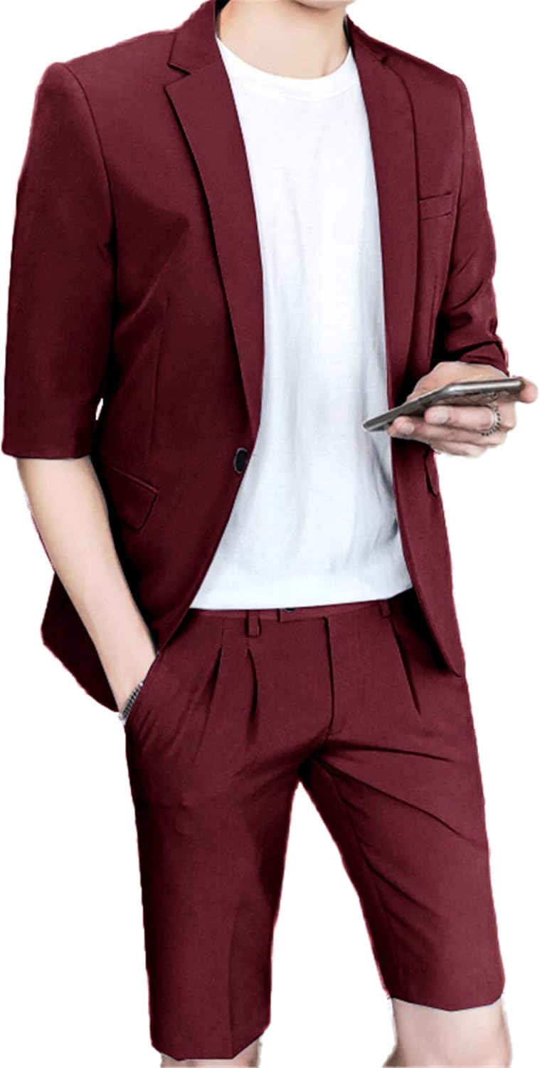Mens Casual Tailored Blazer Short Sleeve One-Button Lightweight Suit Jacket