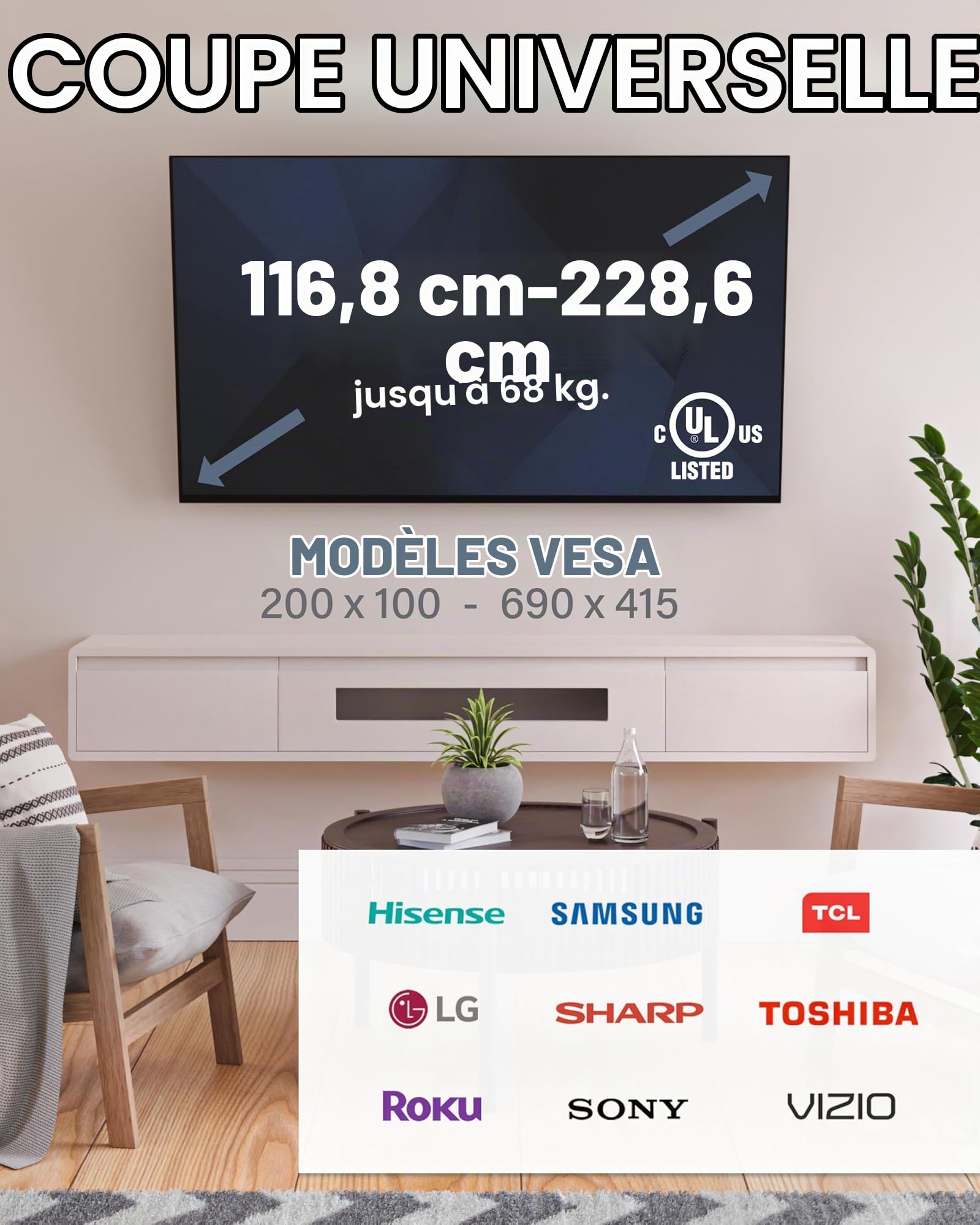 SANUS Support mural inclinable pour grands téléviseurs jusqu'à 90", ajustement universel – Extension lisse de 14,5 cm pour gestion des câbles – Matériel et gabarit de perçage inclus