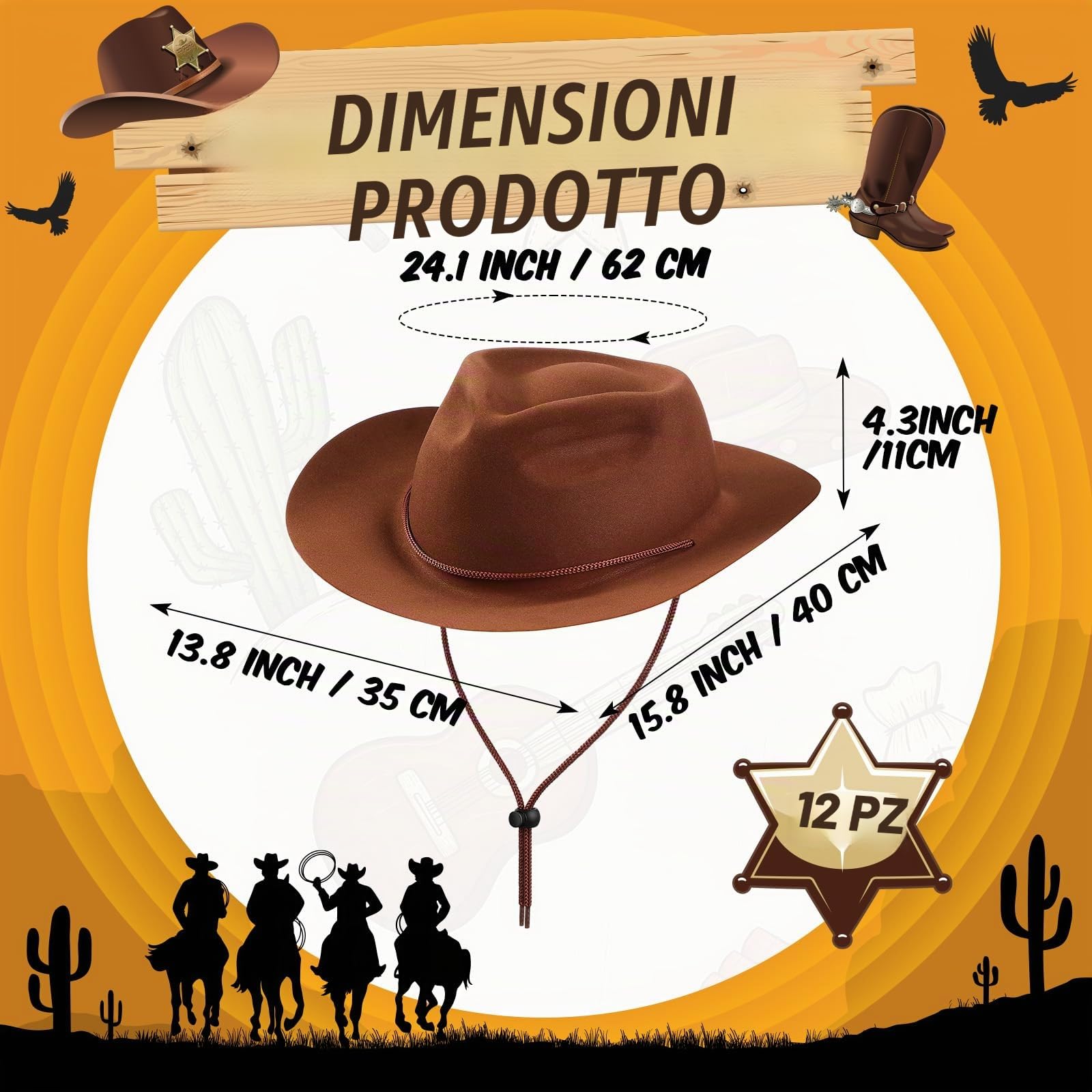 Set di 12 cappelli da cowboy occidentali in feltro a tesa larga per feste da cowgirl da uomo e donna, costume da festa (marrone)