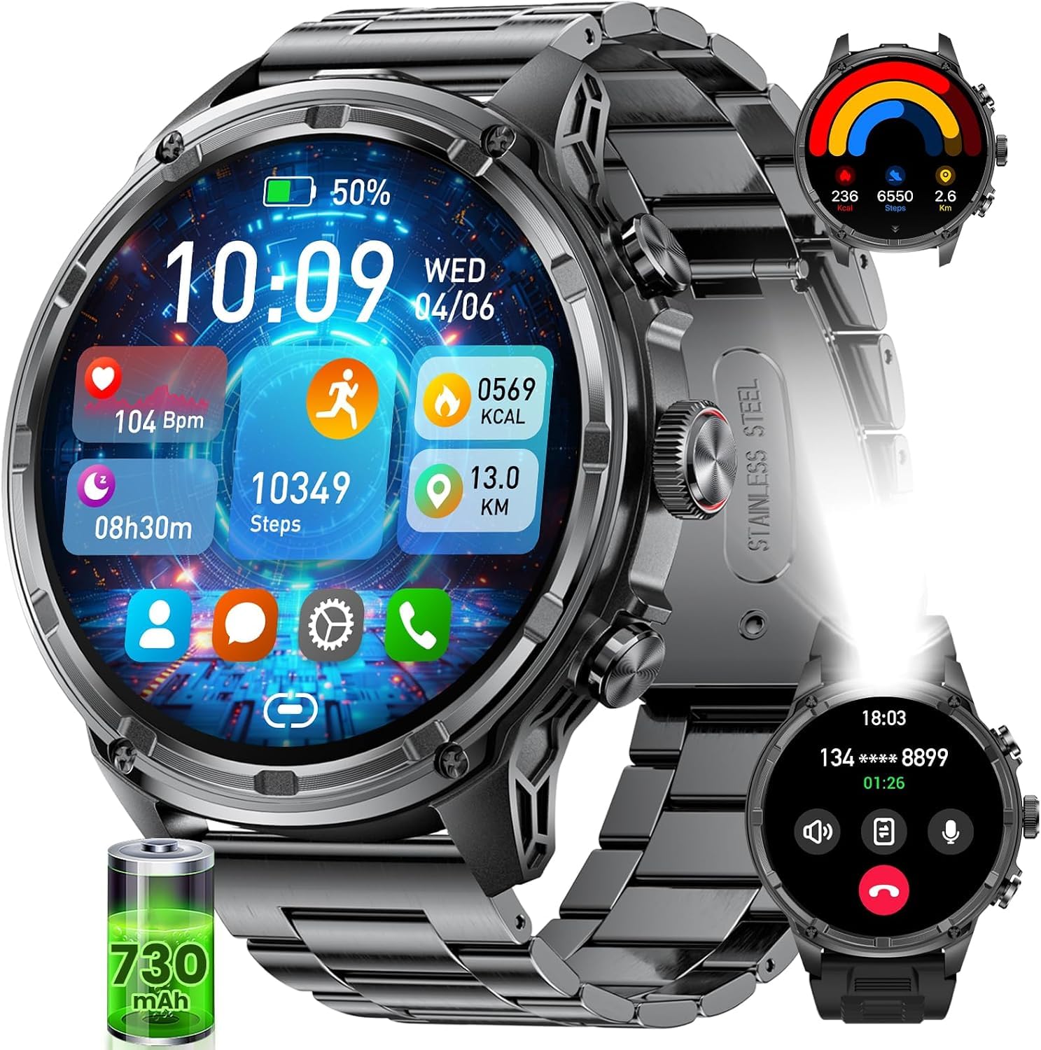 HIRREO Smartwatch Uomo, Orologio Intelligente Fitness con Chiamate Bluetooth,1.85" Militari Smart Watch Tracker 100+ Modalità Sportive per Cardiofrequenzimetro,SpO2, Torcia,Bussola per Android/iOS